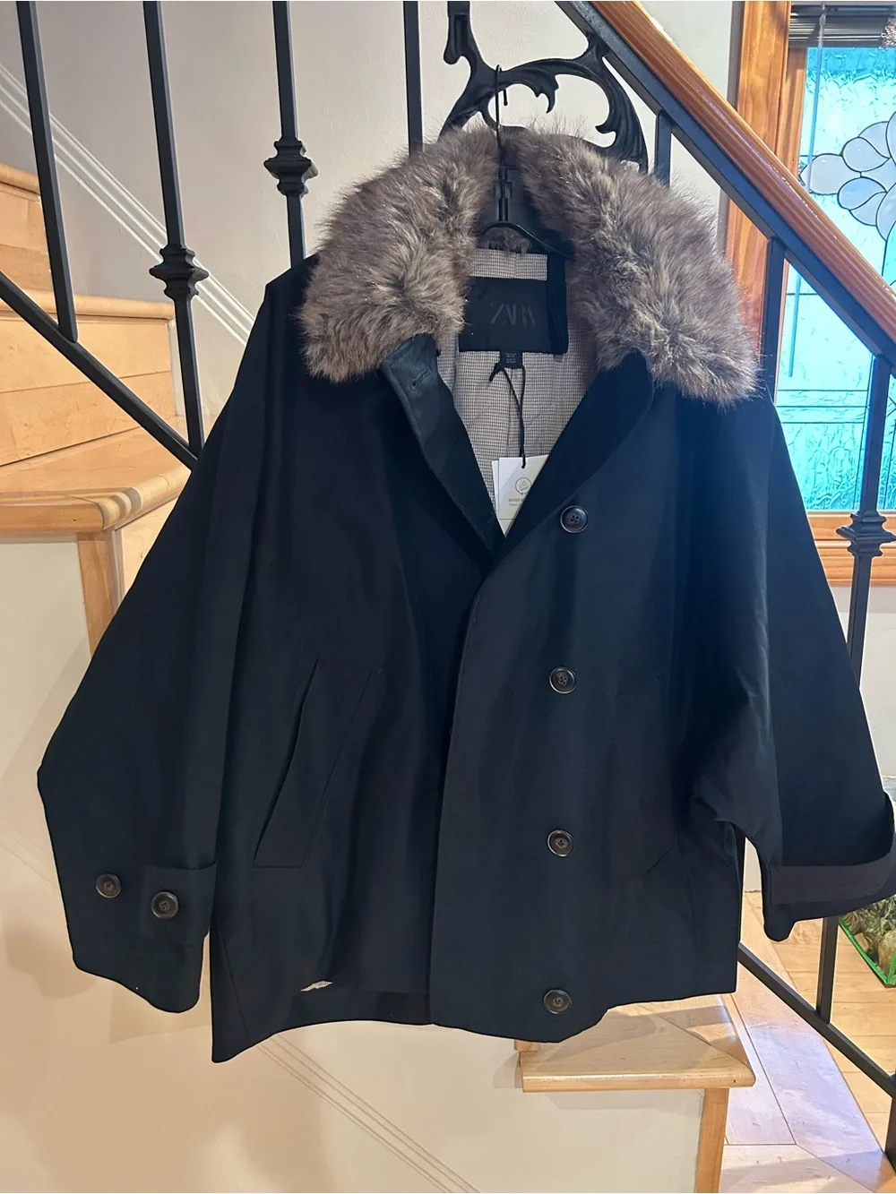 Zara Black Hooded Puffer Coat with Faux Fur Trim